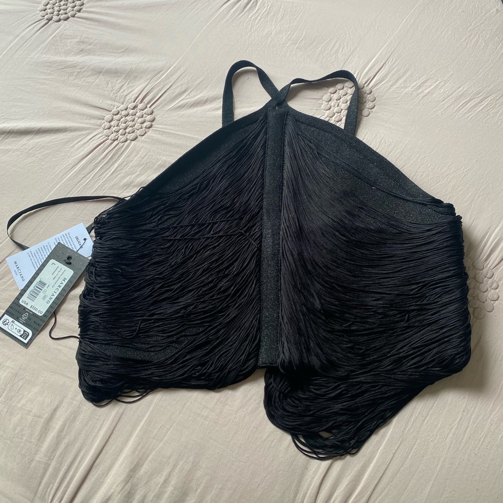 Guess Black Fringe Halter Top
